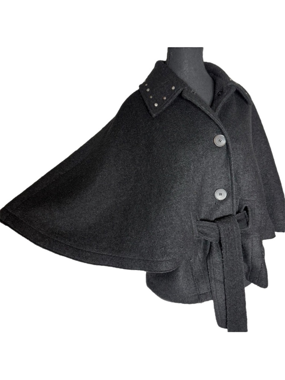 NOVELTI BY AJG Black Wool Cape Jacket Button Closure Tie Belt Stud Collar Medium